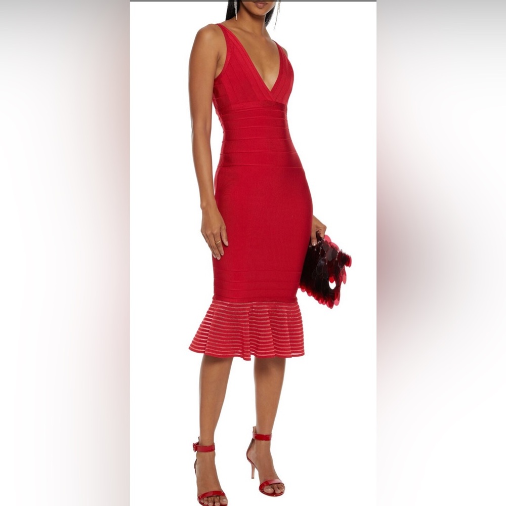 NWT Herve Leger Paris Fluted Metallic Trimmed Bandage MIDI Dress Size XL